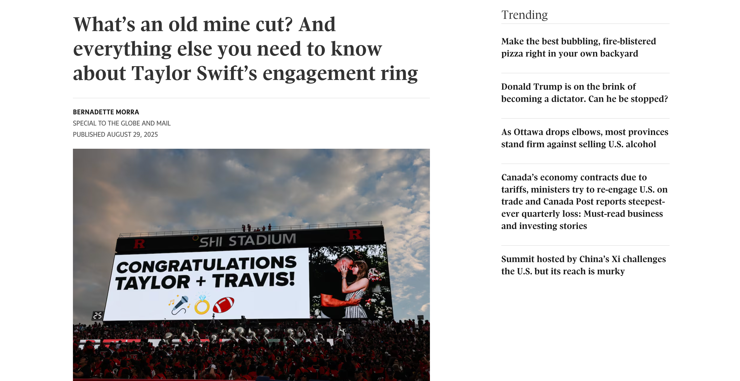 Globe and Mail - What’s an old mine cut? And everything else you need to know about Taylor Swift’s engagement ring