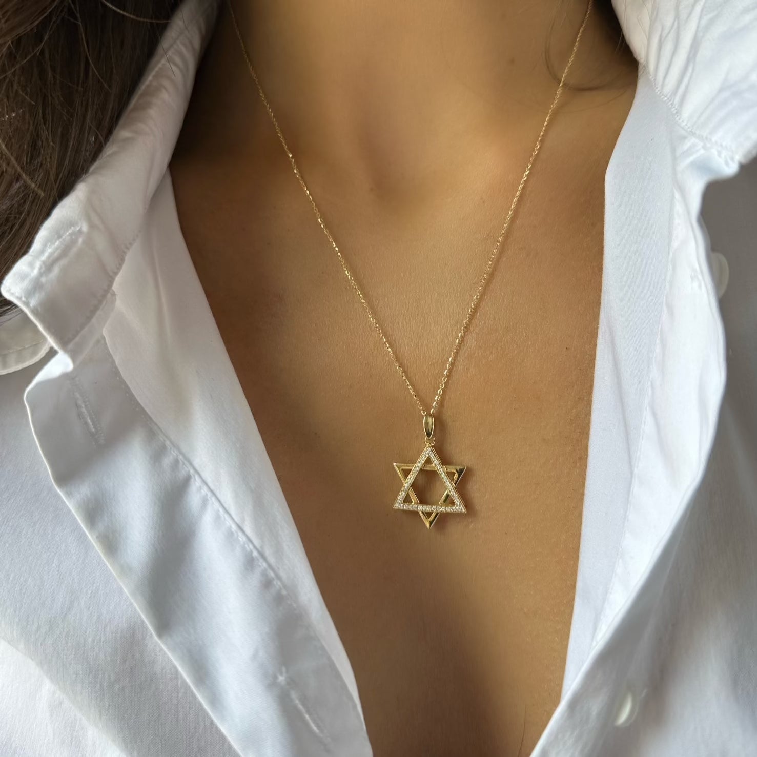 HALF DIAMOND & HALF GOLD STAR OF DAVID NECKLACE