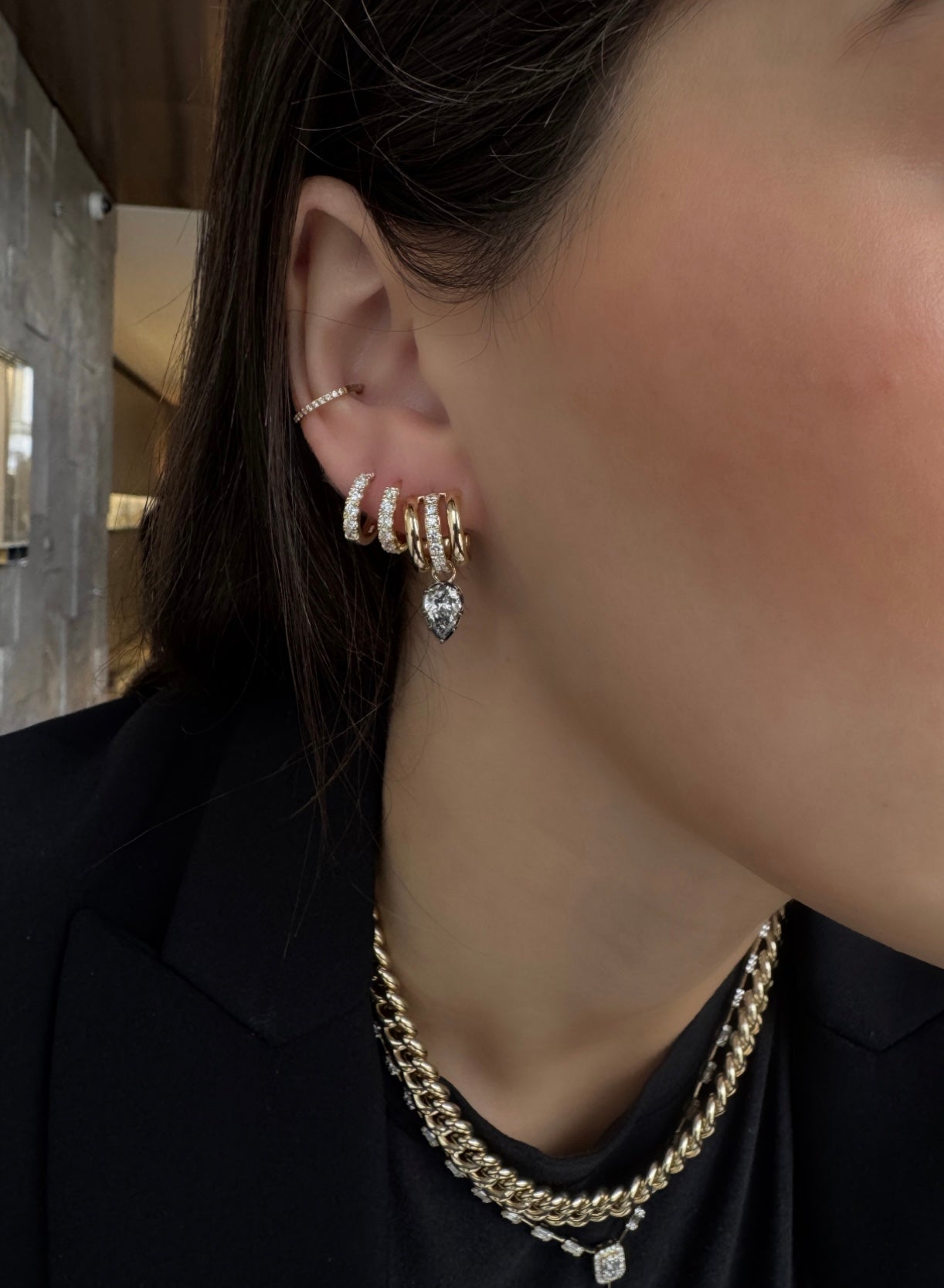 LAB PEAR SHAPE DIAMOND DANGLE HALF HOOP EARRINGS