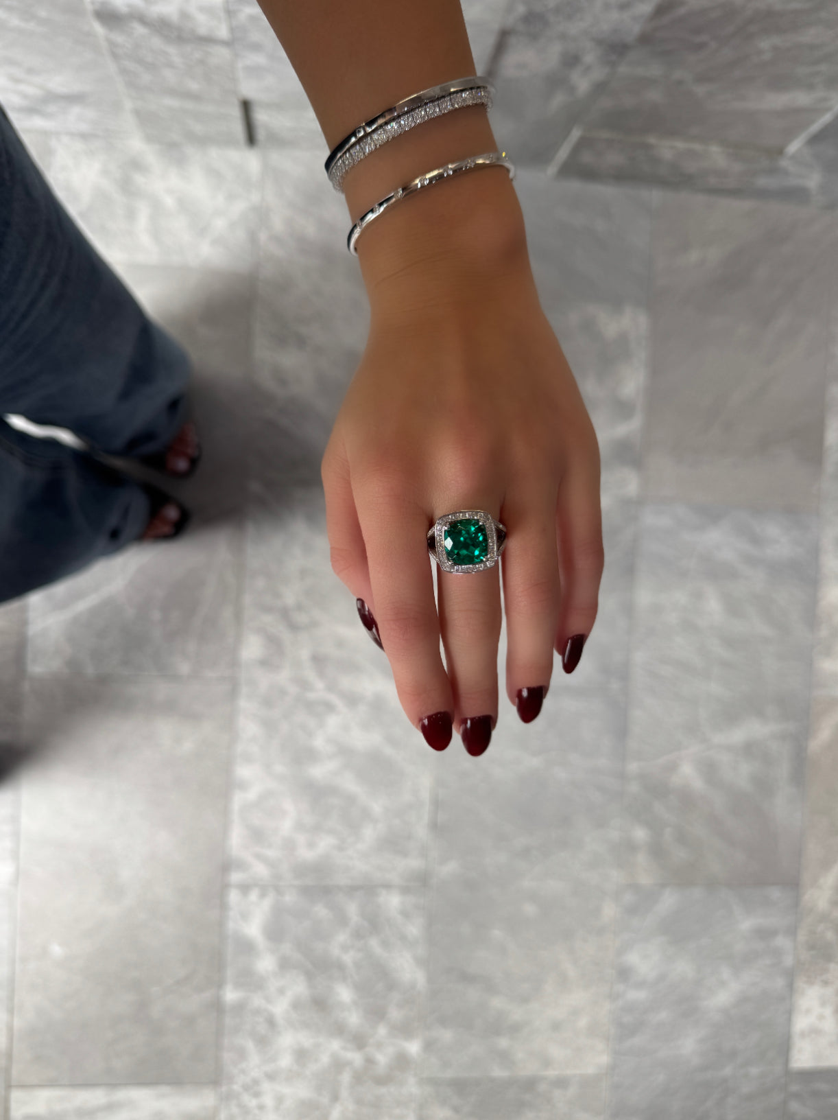 CUSHION-CUT LAB EMERALD & DIAMOND RING