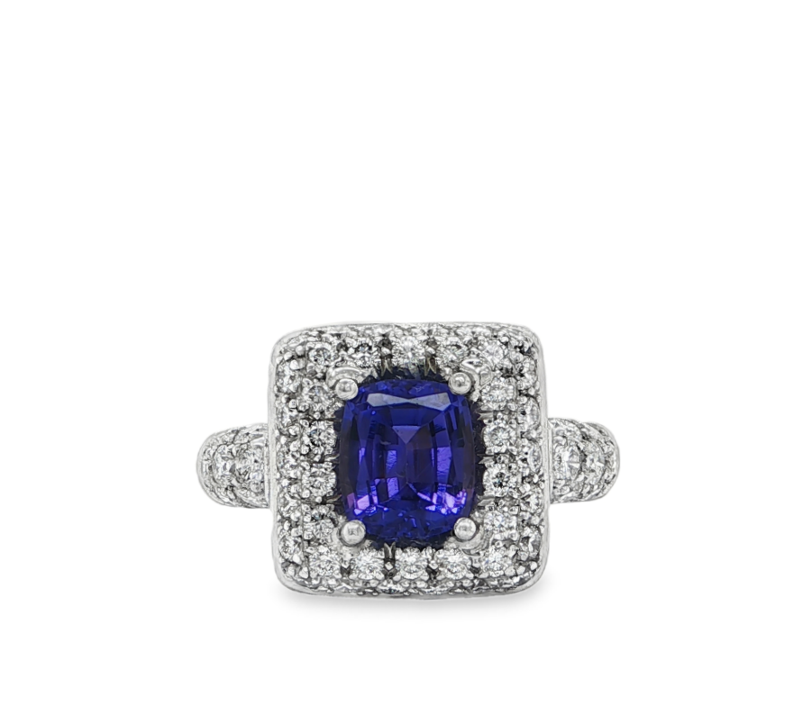 TANZANITE & DIAMOND SQUARE HALO RING