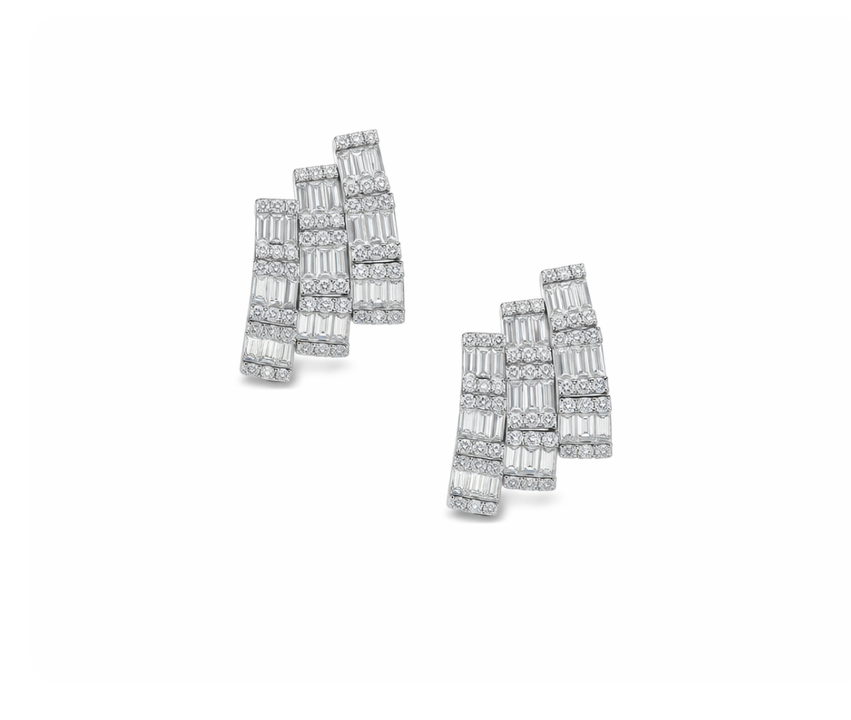 TRIPLE ROW DIAMOND BAGUETTE STUD EARRINGS
