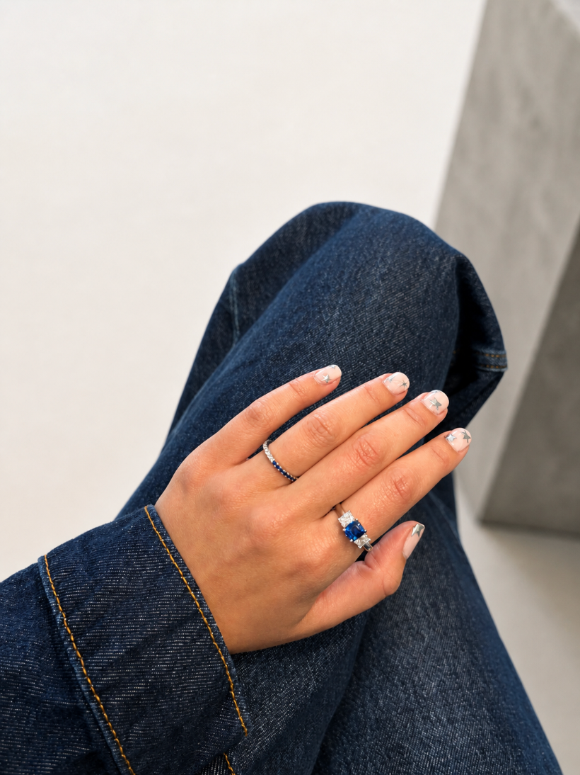 HALF & HALF SAPPHIRE & DIAMOND ETERNITY BAND