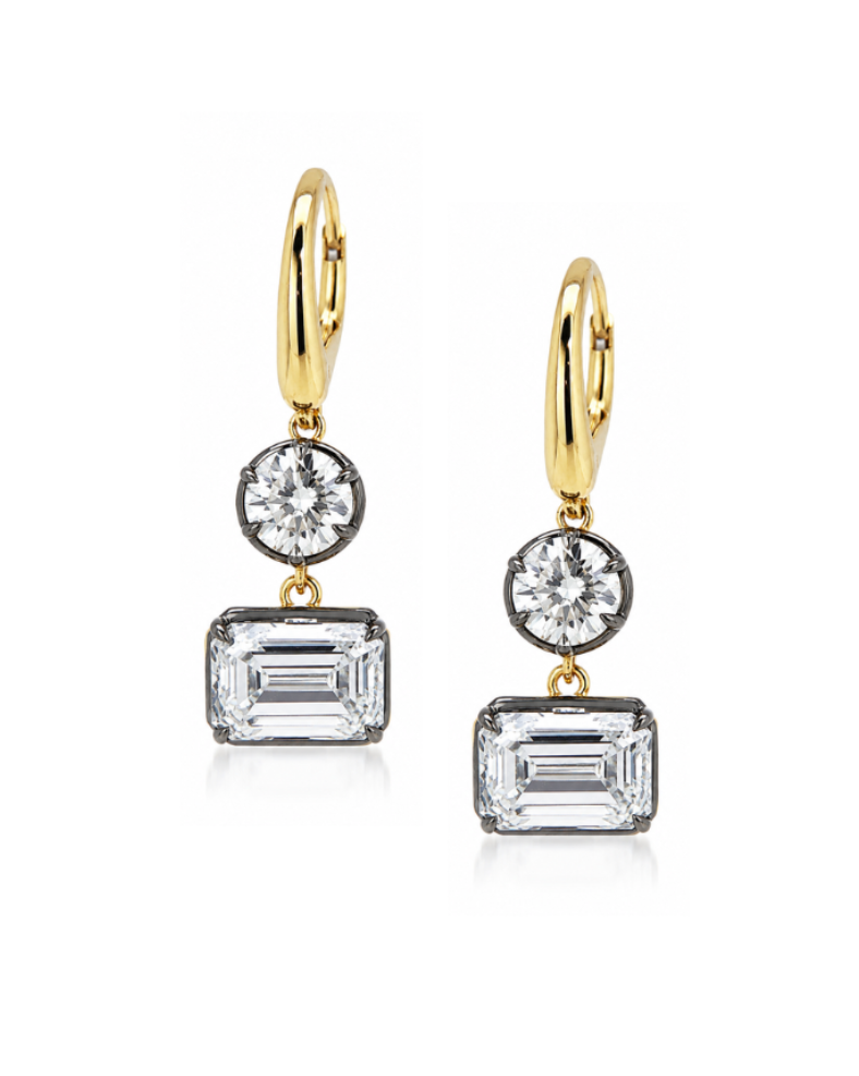 LAB EMERALD & ROUND CUT DIAMOND DROP EARRINGS
