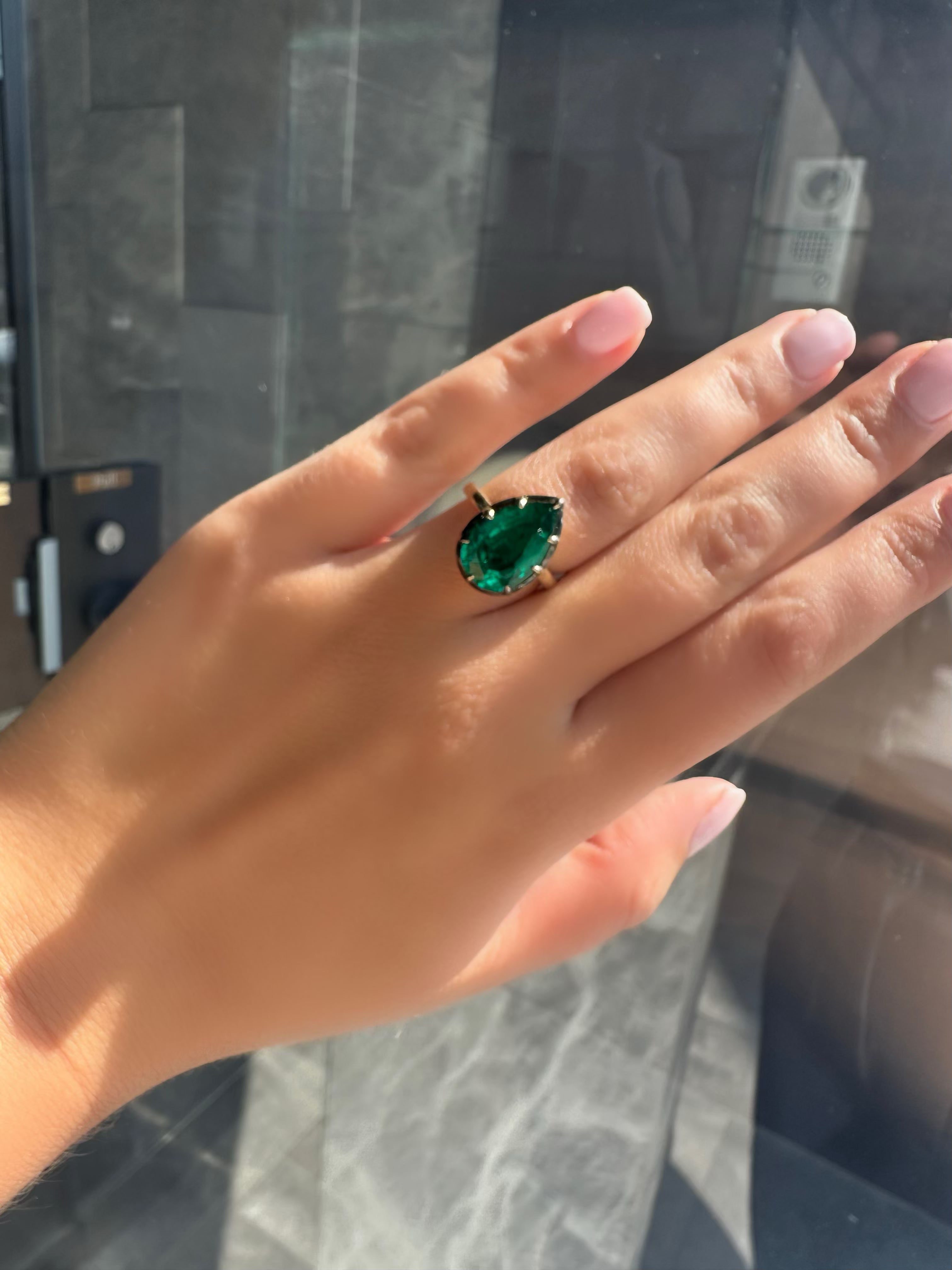 Lab Grown Emerald Pear Shaped Ring