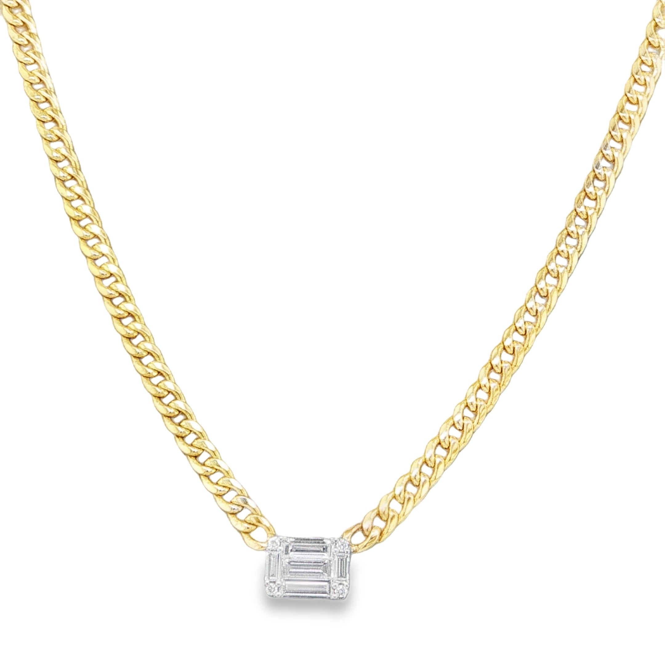 Yellow Gold Curb Chain with Baguette Diamond Pendant