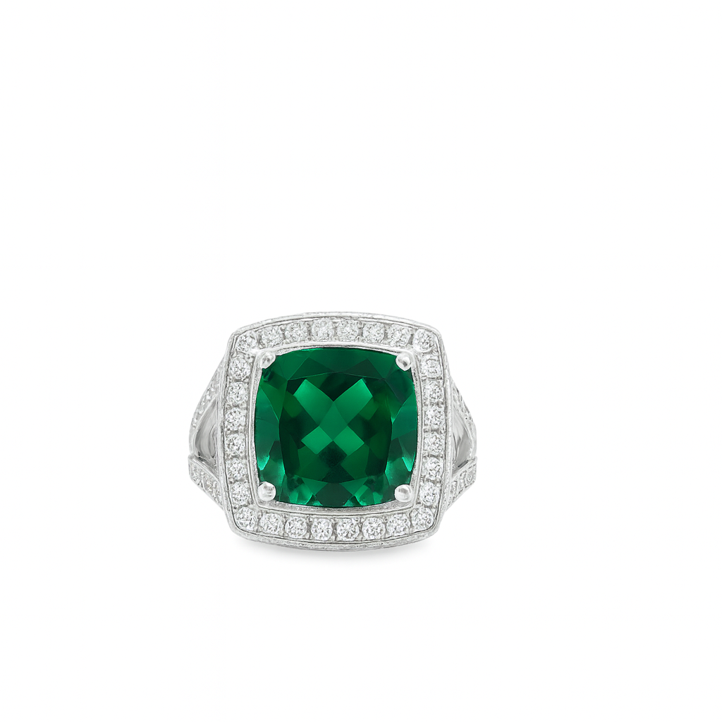 CUSHION-CUT LAB EMERALD & DIAMOND RING