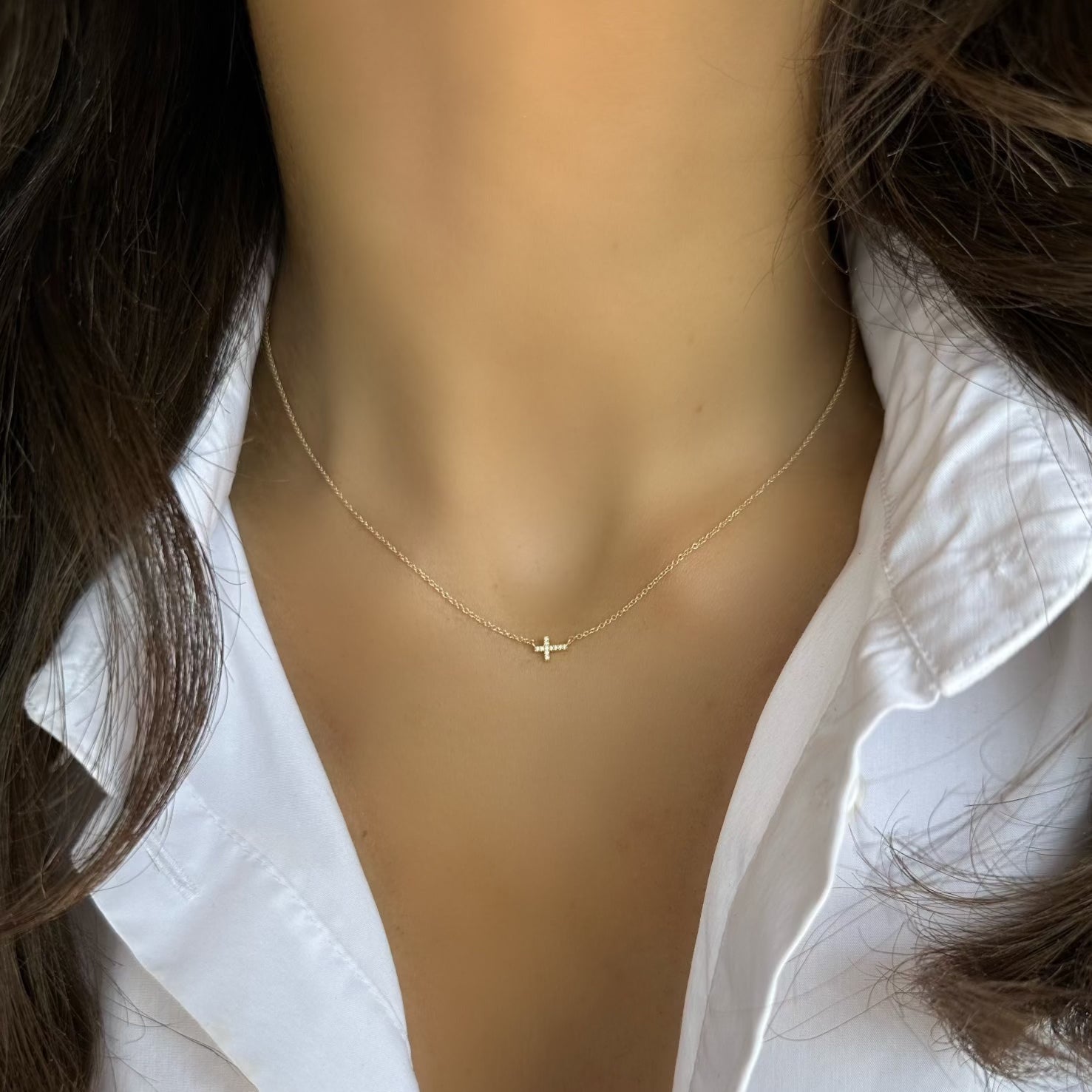 SIDEWAYS DIAMOND CROSS NECKLACE