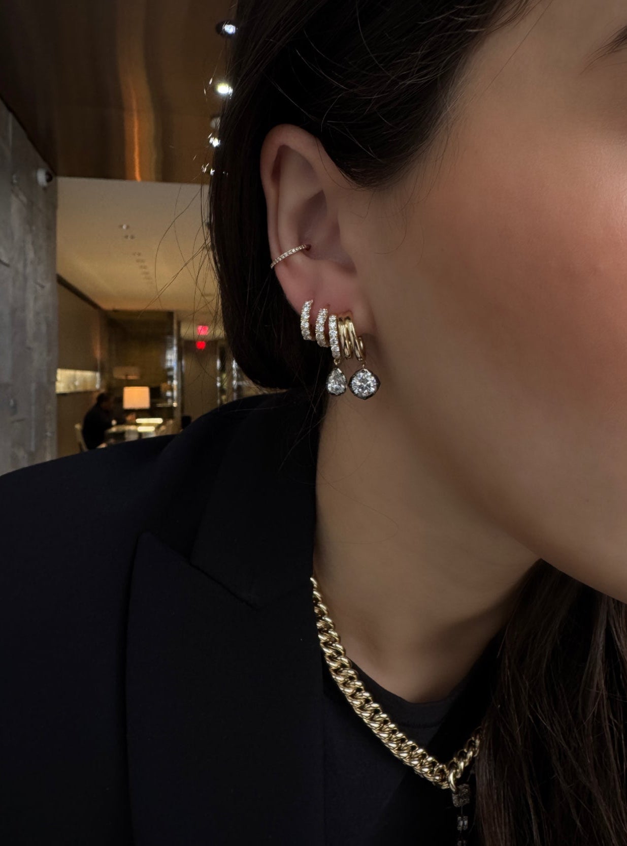 LAB DIAMOND DANGLE HALF HOOP EARRINGS