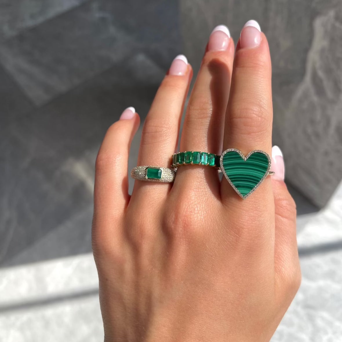 PAVÉ DIAMOND & GREEN EMERALD DOMED RING