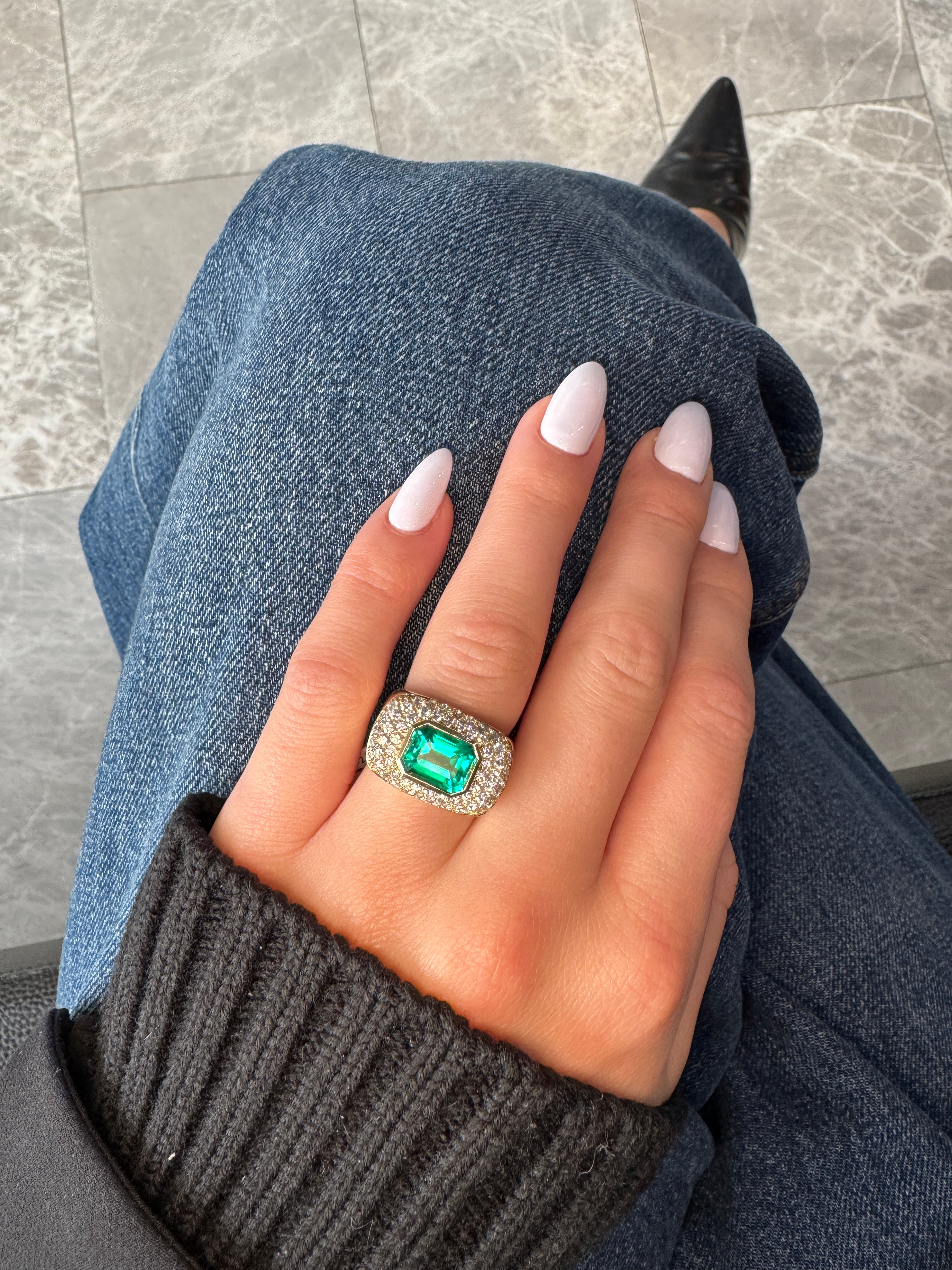 LAB EMERALD & DIAMOND CHUNKY RING