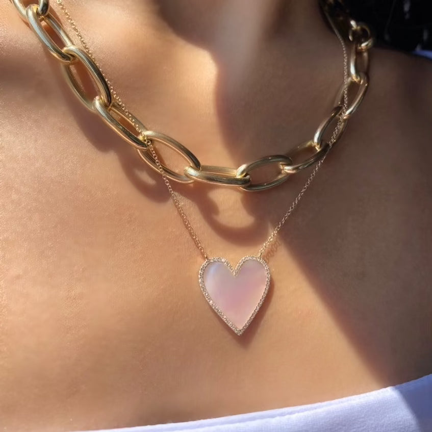 MOTHER OF PEARL & DIAMOND HEART NECKLACE