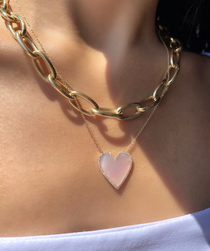 MOTHER OF PEARL & DIAMOND HEART NECKLACE