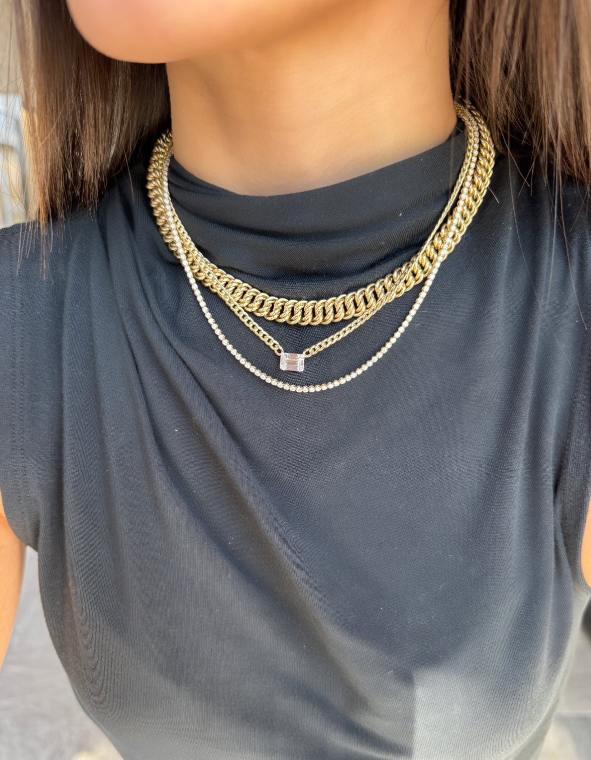 Yellow Gold Curb Chain with Baguette Diamond Pendant