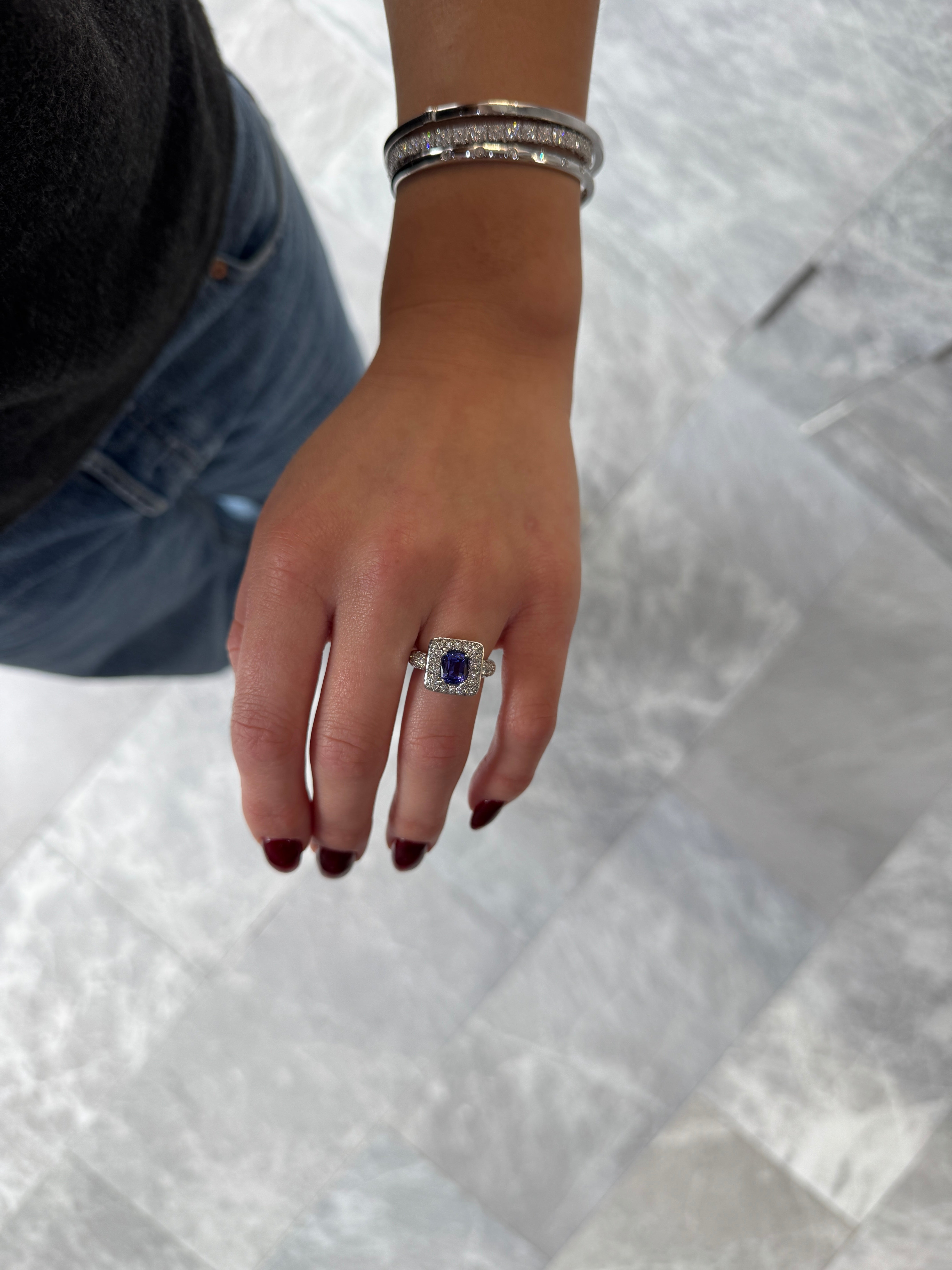 TANZANITE & DIAMOND SQUARE HALO RING