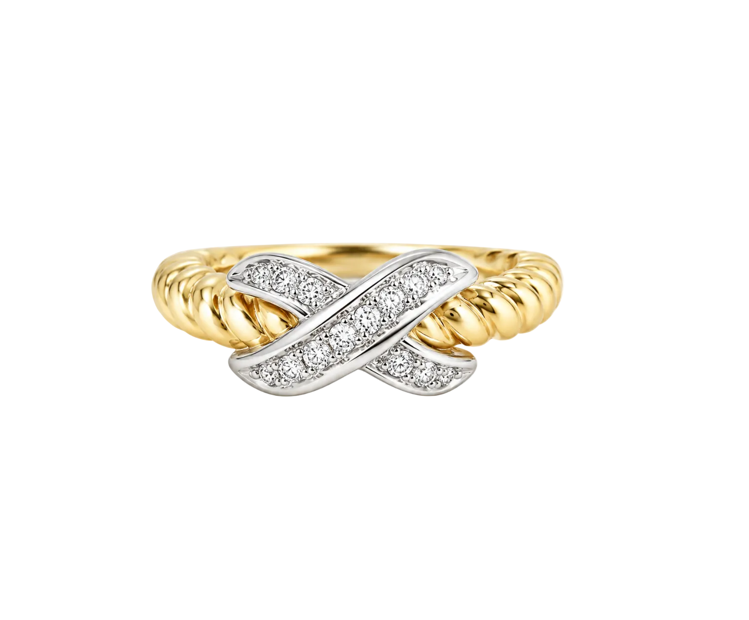 TWO TONE DIAMOND CRISS CROSS PINKY RING