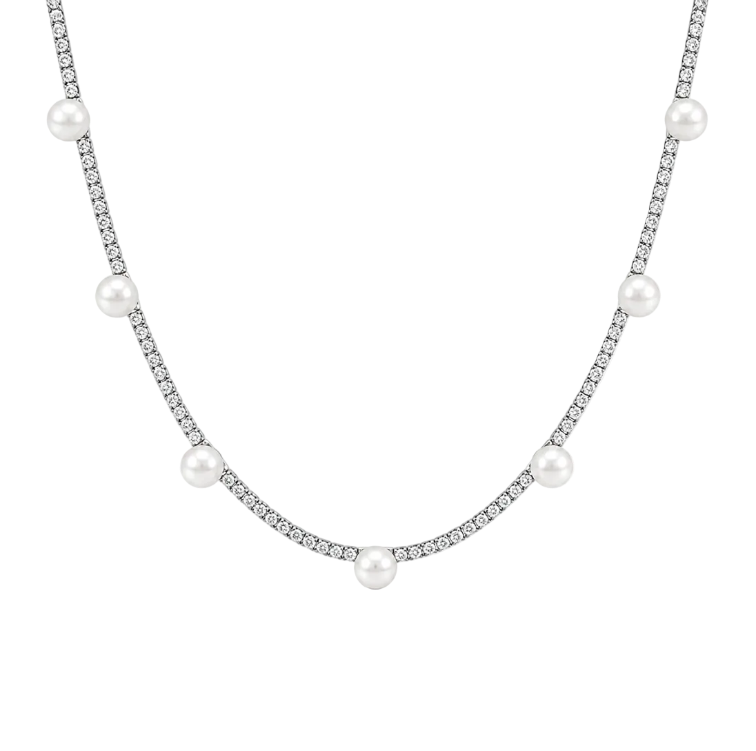 HALF DIAMOND TENNIS & PEARL NECKLACE