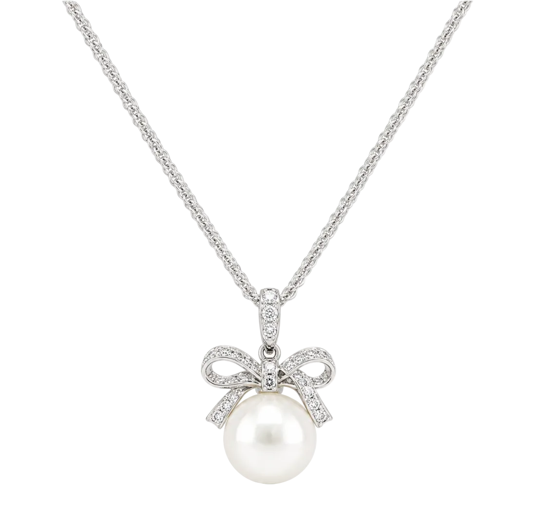 DIAMOND BOW & PEARL PENDANT ON CHAIN