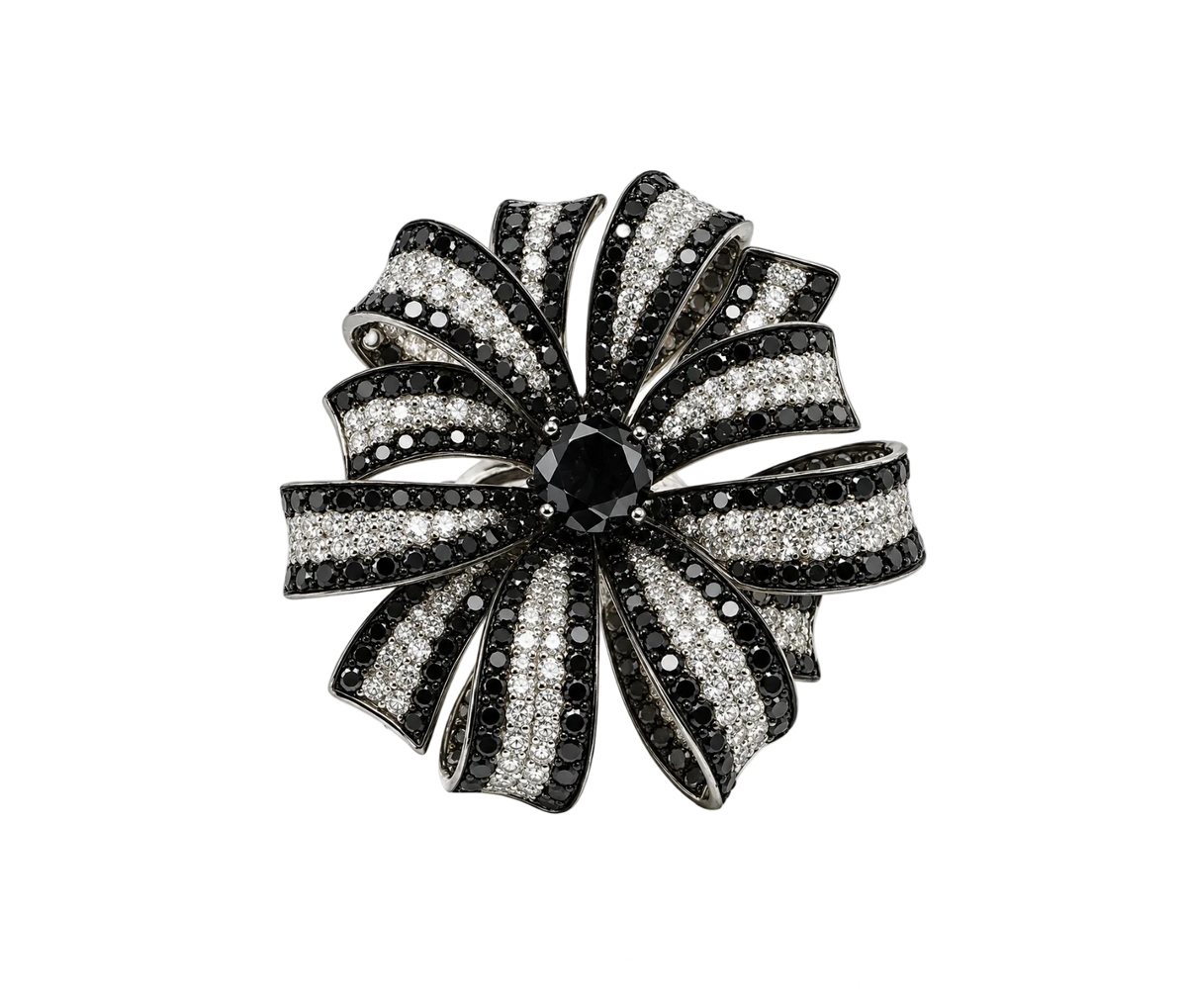 BLACK & WHITE DIAMOND FLORAL BOW RING