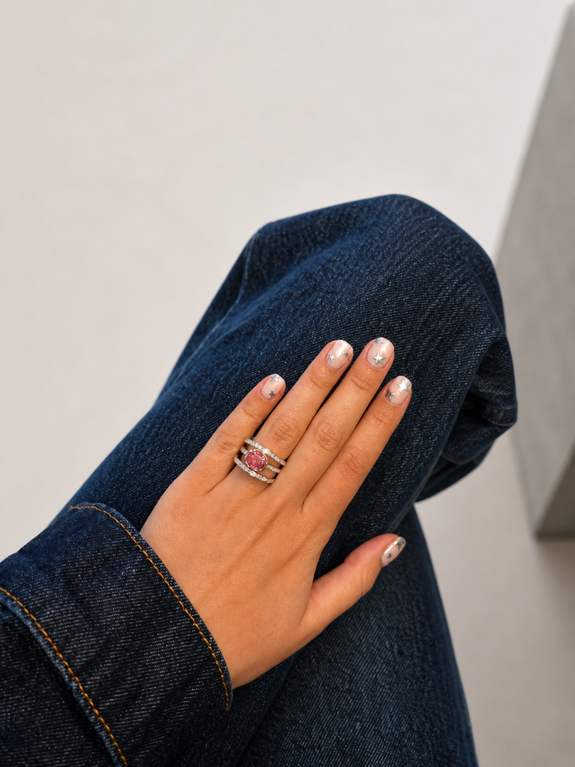 PINK CABOCHON & DIAMOND RING