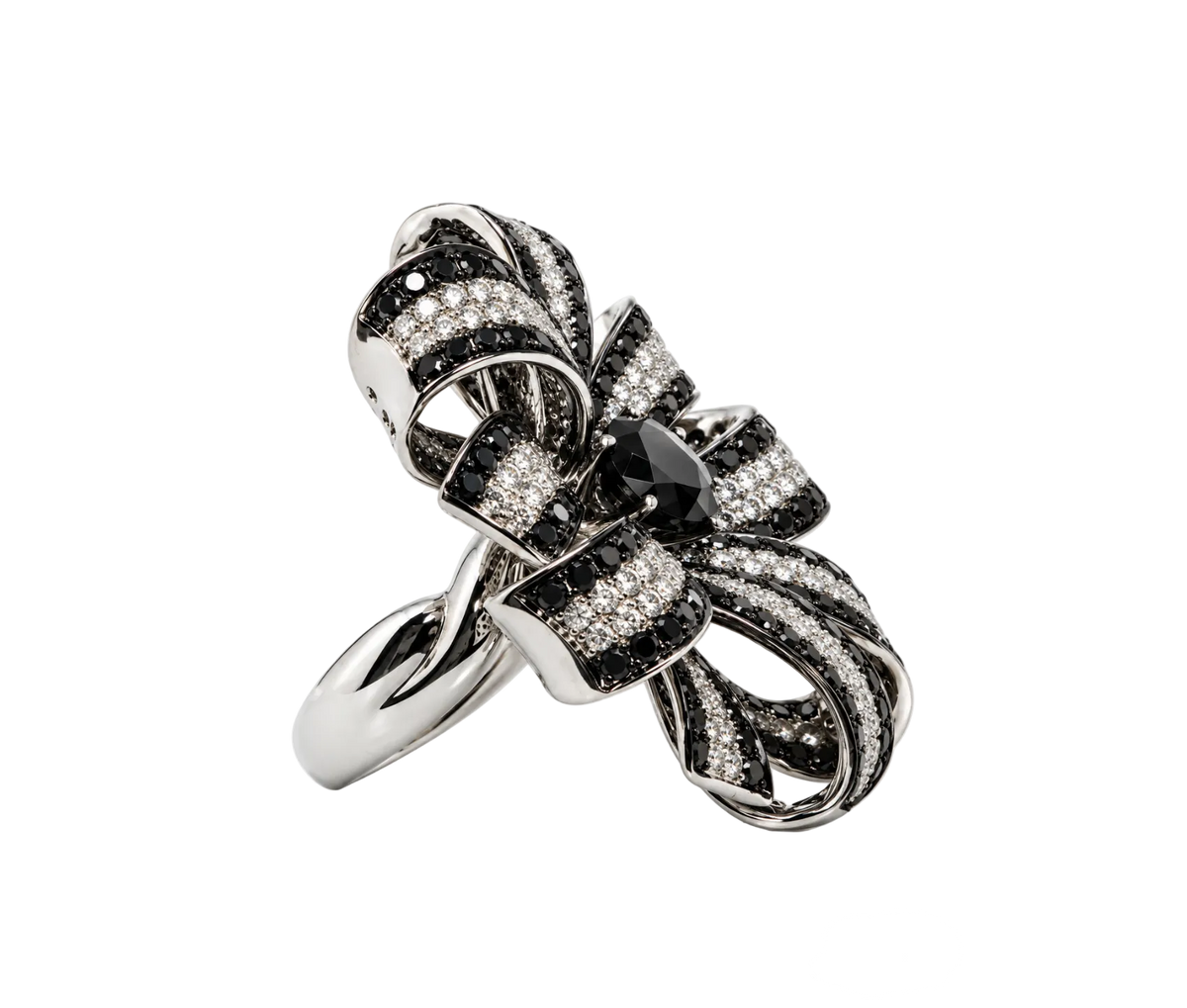BLACK & WHITE DIAMOND FLORAL BOW RING