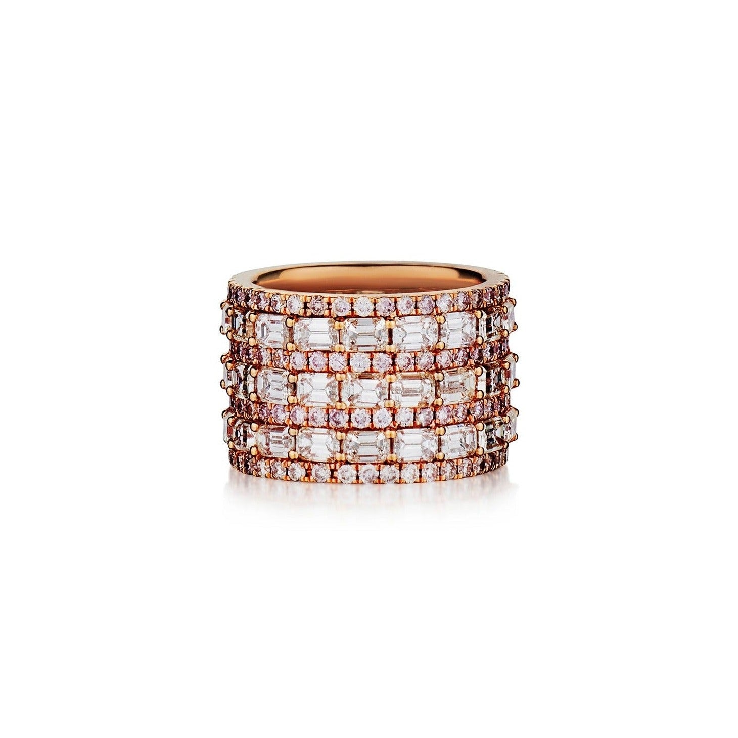 EMERALD CUT AND PINK DIAMOND TRIPLE ROW BAND