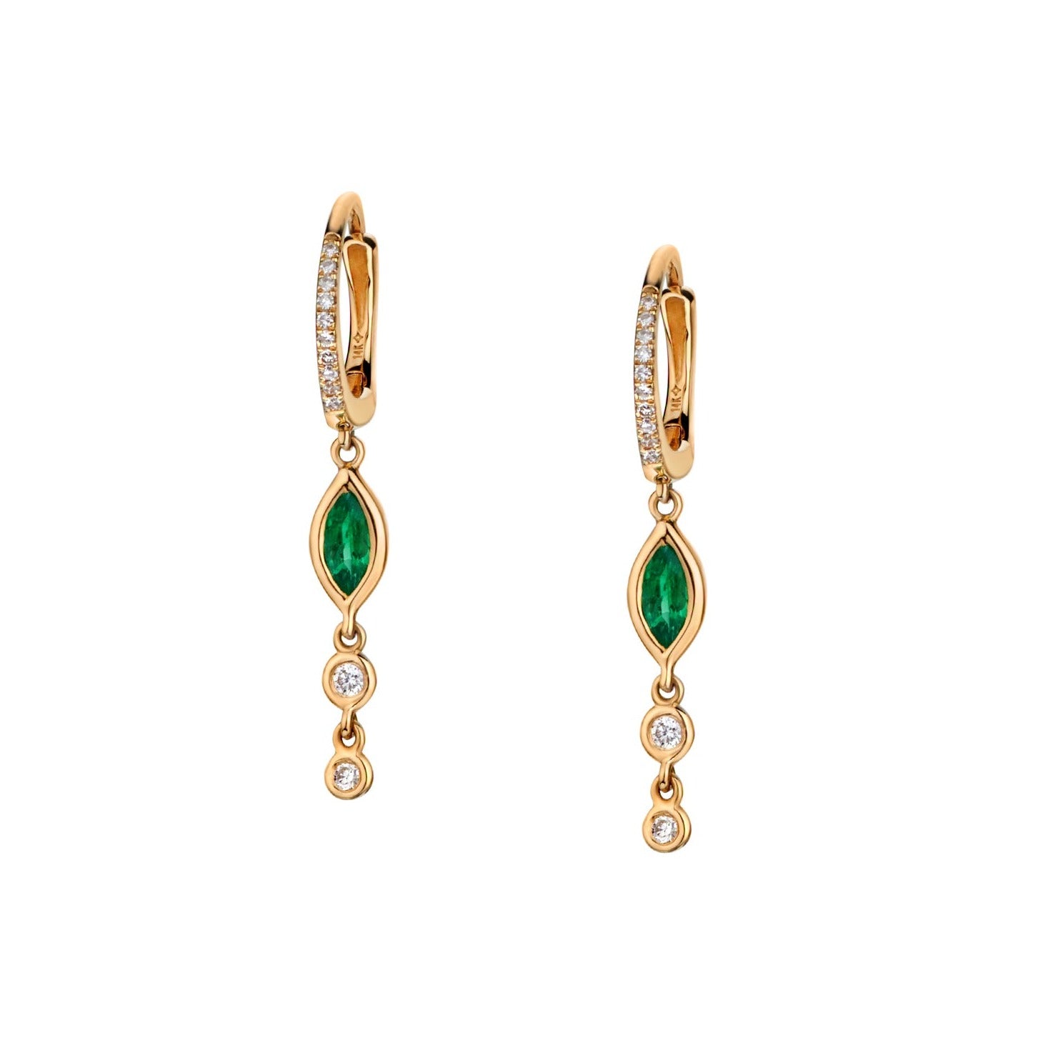 BEZEL SET EMERALD & DIAMOND CHAIN HUGGIE EARRINGS