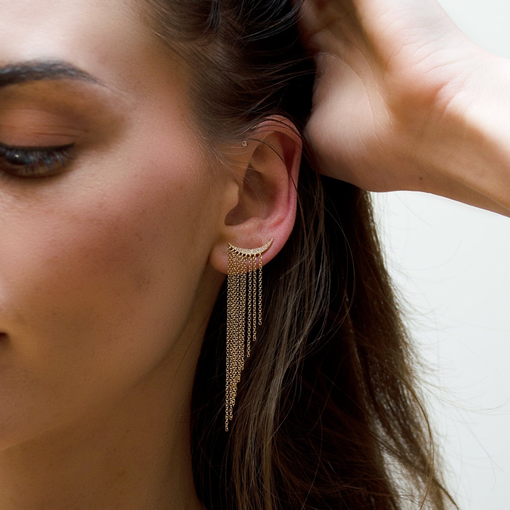 DIAMOND CRESCENT & CHAIN CLIMBER EARRINGS